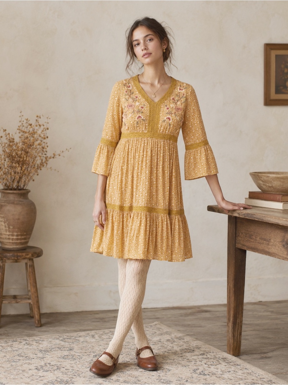 April Cornell Woman Floral V-Neck Embroidery Flare Sleeve Peasant Dress SMALL
